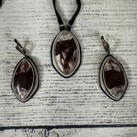 Handmade Leather and Resin Necklace and Earrings Set - Picture 2 of 9